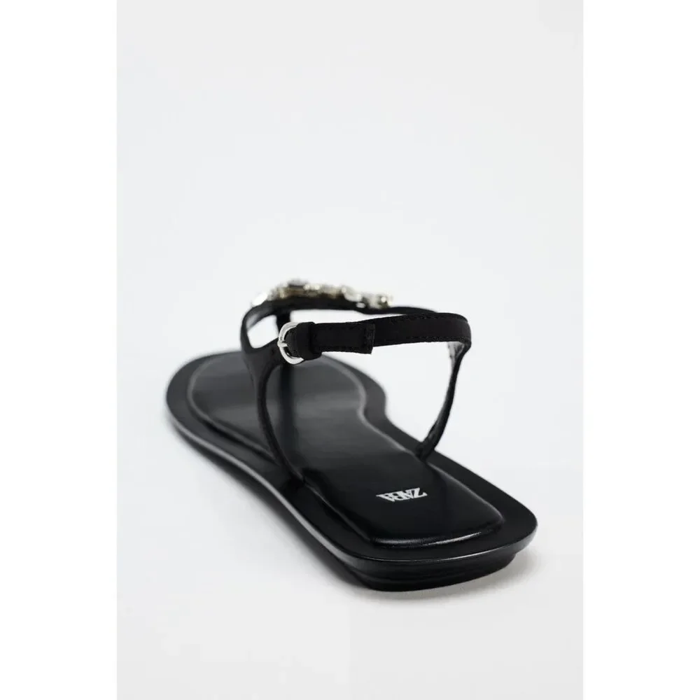Black Zara Rhinestone Jewel Embellished Open-Toe Ankle Strap Flat Sandals (NWT) - Picture 7 of 8
